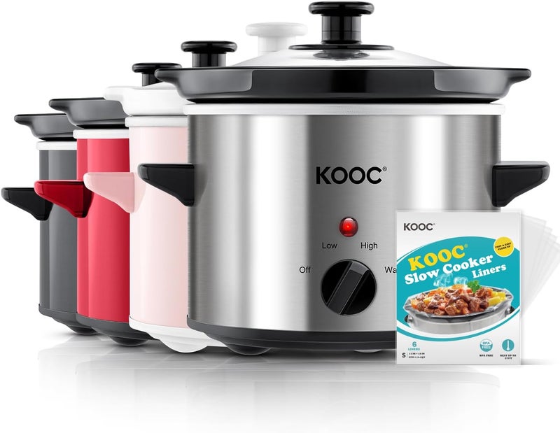 KOOC Small Slow Cooker, 2 Quart, Free Liners Included for Easy Clean-up, Upgraded Ceramic Crock, Adjustable Temp, Nutrient Loss Reduction, Stainless Steel, Silver, Round - Image 1